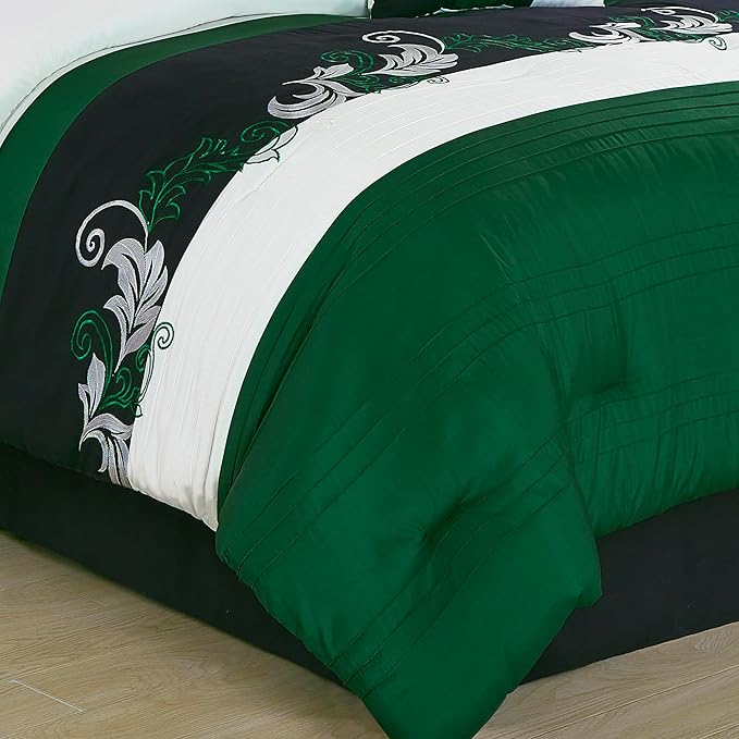 Chezmoi Collection Napa 7-Piece Luxury Leaves Scroll Embroidery Bedding Comforter Set (California King, Green/Black/Cream)