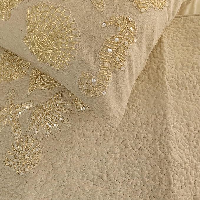 The HomeCentric King Queen Twin Beige Handmade King 90"x18" Bed Runner with 2 Pillow Cover, Pearl Embroidery Bed Scarf on Linen Fabric - Off to The Sea
