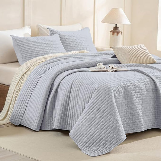 CozyTide Queen Quilt Set,Stone-Washed Cotton Lightweight Summer Quilt Bedding Set 3Pcs (1 Farmhouse Quilt and 2 Pillowshams) Light Blue Cozy Bedspreads & Coverlets Extra Soft