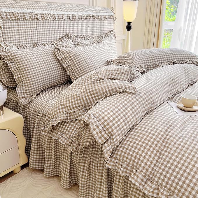 mixinni Tan Gingham Ruffle Duvet Cover Full Size 3 Pieces – 100% Washed Cotton, Vintage Plaid Ruffled Bedding Set with Zipper Ties, Soft Cream Checkered Grid Farmhouse Chic Comforter Cover Set