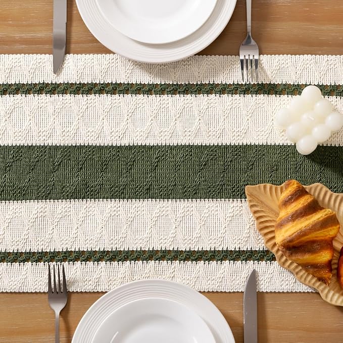 Socomi Boho Table Runner Easter Spring Farmhouse Rustic Dining Kitchen Centerpiece Decor Small Macrame Woven Cotton Linen Coffee Table Runner for Dresser Scarf Home Decor 12x72 inch Olive Green