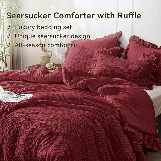 JOLLYVOGUE Queen Comforter Set, 3 Pieces Burgundy Seersucker Comforters Queen Size, Lightweight & Fluffy Bedding Sets for All Season with 1 Ruffle Comforter and 2 Ruffle Pillowshams