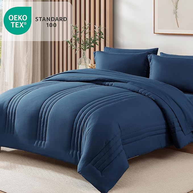 Monbix King Size Comforter Set - 7 Pieces Serenity Blue Bed in a Bag, King Size Bedding Sets with Comforters, All Seasons Comforter with Sheets,Pillowcases & Shams