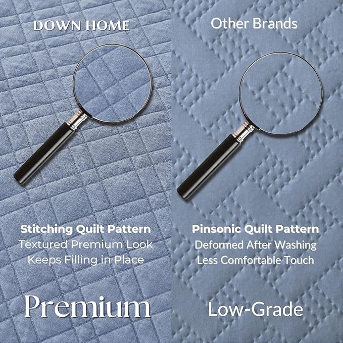 DOWN HOME Queen Quilt Set with Shams Lightweight Quilted Bedspread Coverlet Thin Comforter Bed Cover Vintage Washed Quilted Blanket for All Season, Brushed Microfiber Diamond Stitching, Blue, 88"x92"