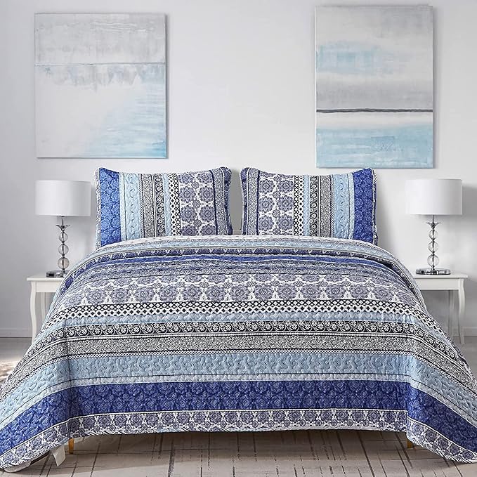 WONGS BEDDING Boho Quilt Set King Size, Blue Bohemian 3 Pieces Quilt Sets, Lightweight Bedspread Coverlet Bedding Set for All Season (103"x90")