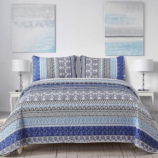 WONGS BEDDING Boho Quilt Set King Size, Blue Bohemian 3 Pieces Quilt Sets, Lightweight Bedspread Coverlet Bedding Set for All Season (103"x90")
