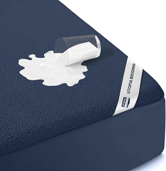 Utopia Bedding Waterproof Mattress Protector King Size, Premium 200 GSM Terry Mattress Cover, Soft & Breathable Bed Cover, Fitted Sheet Style with Stretchable Deep Pockets 17" (Navy Blue)