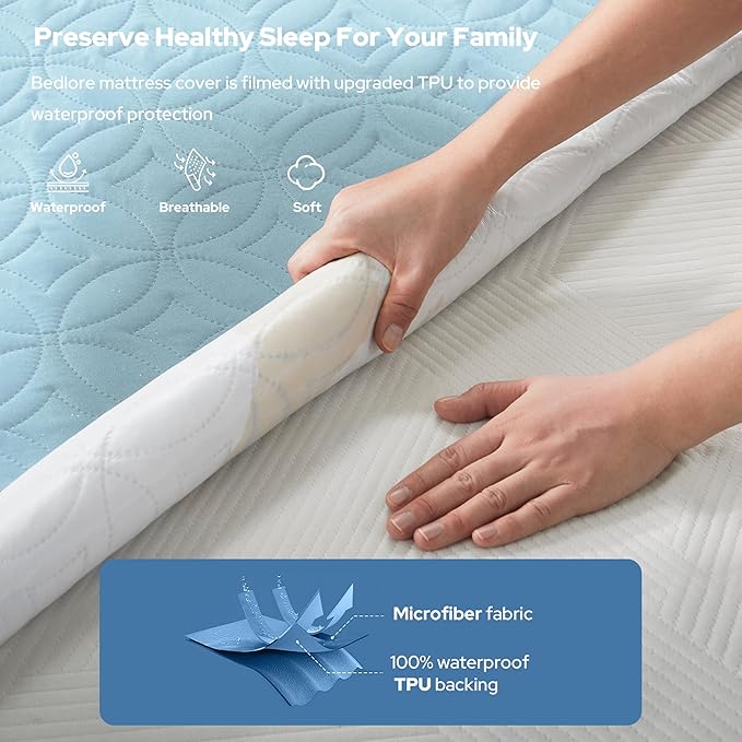 BEDLORE Waterproof Mattress Protector, Cal King Size Mattress Pad with Deep Pocket 6"-24" Depth, Soft Dirt-Proof Double Bed Mattress Cover for Bedroom, College Dorm, Hotel (Sky Blue)