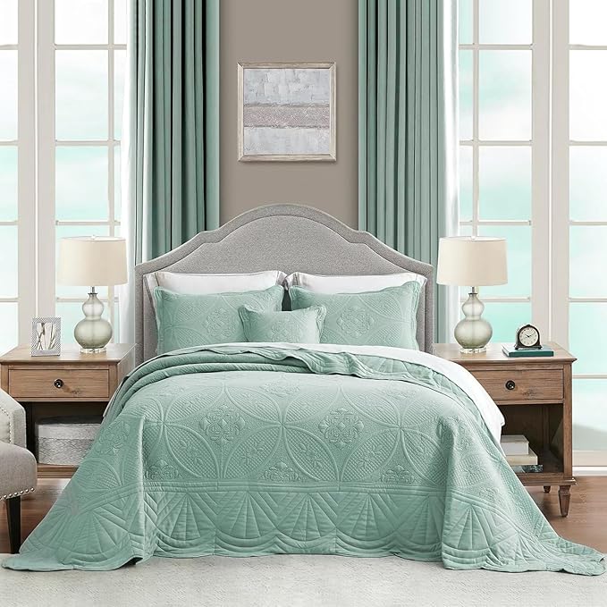 Bedspread - Full Size Bedding Cover - Modern & Contemporary Coverlet Set, Real Stitching, Reversible, Lightweight, 5 Piece, Seaglass