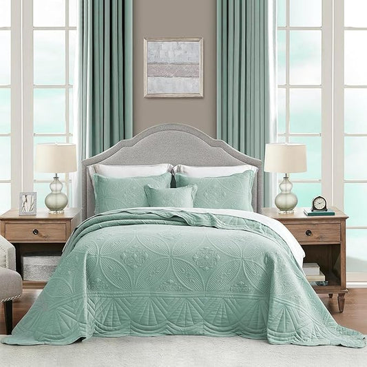 Oversized Bedspread - Queen Size Bedding Cover - Modern & Contemporary Coverlet Set, Real Stitching, Reversible, Lightweight, 5 Piece, Seaglass