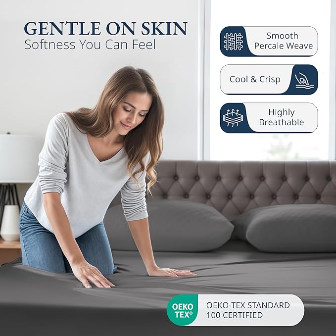 LANE LINEN Queen Fitted Sheet, 100% Organic Cotton Soft & Comfy Fully Elasticized Mercerized Cotton Sung Fit 15" Deep Pocket All Weather Queen Size Fitted Sheet Only (+Pillowcases) - Charcoal