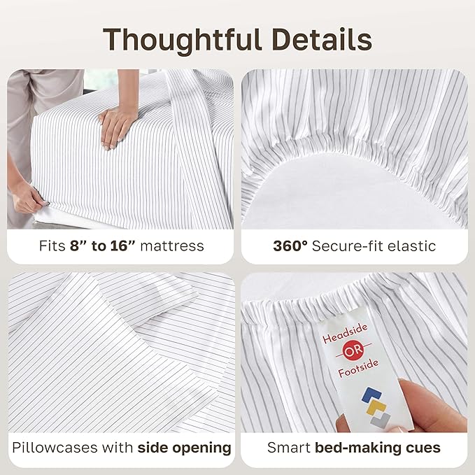 California Design Den California King Sheet Sets - 400 Thread Count Sateen, Natural 100% Cotton Sheets, Deep Pocket and Durable Bedding Set - Pinstriped