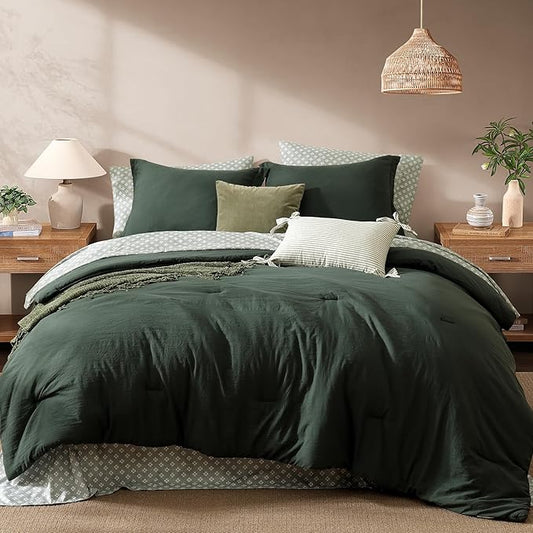 Monbix Queen Comforter Set - 7 Pieces Deep Forest Prewashed Bed in a Bag Queen Bedding Sets with Comforters, All Seasons Ultra Soft Comforter Bed Set with Sheets,Pillowcases & Shams