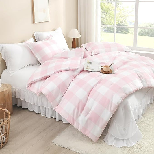 Andency Pink Checkered Comforter Queen(90x90Inch), Plaid Gingham Buffalo Plaid Grid Bedding Sets for Girls Kids Women Kids Teens, 3 Pieces Lightweight Microfiber Geometric Preppy Bed Set