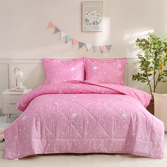 JSD Gradient Pink Stars Kids Comforter Set Queen Size, 3 Piece Space Theme Girls Printed Microfiber Bedding Set, Machine Washable