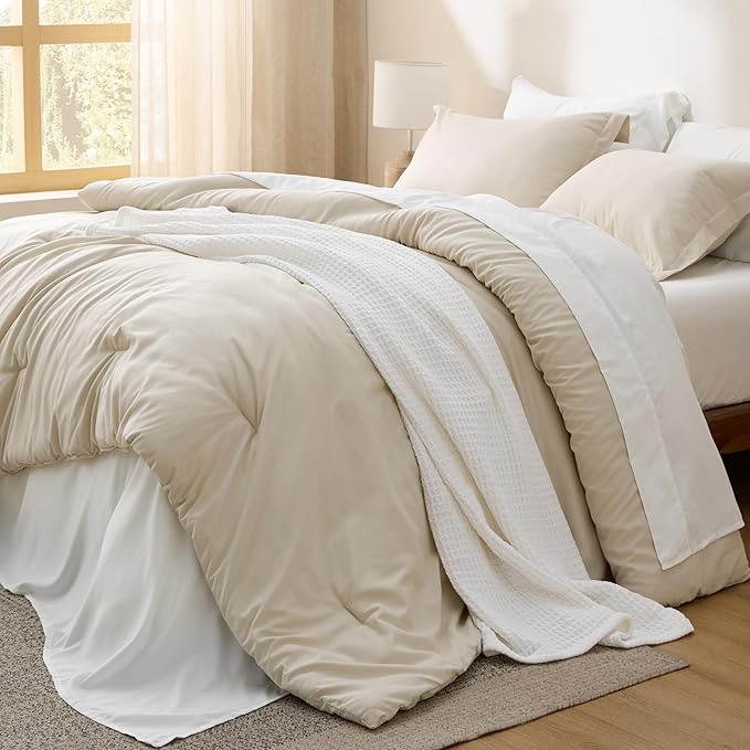 Bedsure Queen Comforter Set - 7 Pieces Beige Queen Bedding Set for All Seasons, Boho Contrasting Design Bed in a Bag with Comforter, Sheets, Pillowcases & Shams