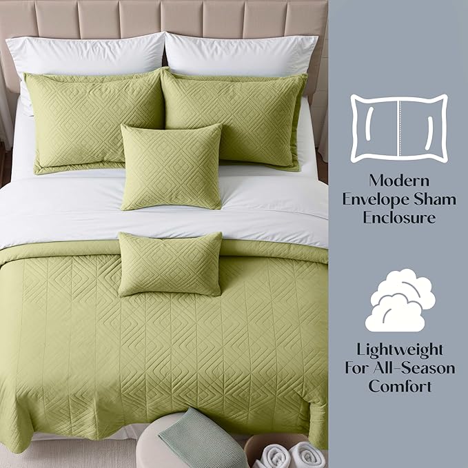 Hearth & Harbor Twin Quilt Set – All-Season Lightweight Bedspread & Coverlet with Pinsonic Weave - 5 Piece Twin Quilt Set with Pillow Shams, Olive Green - Twin Diamond