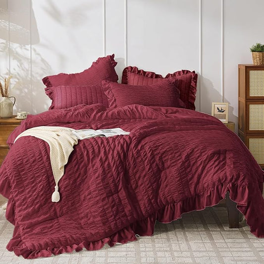 JOLLYVOGUE Twin Size Comforter Set, 2 Pieces Burgundy Seersucker Lightweight Fluffy Bedding Set, Twin Ruffle Comforter, All Season Soft Microfiber Shabby Chic Bed Set