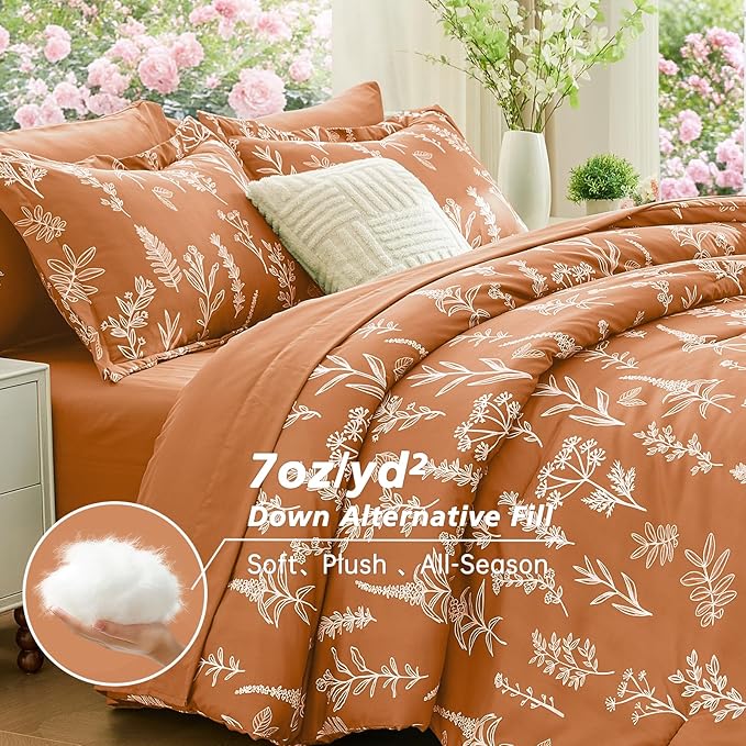 MUXHOMO Burnt Orange Bed in a Bag King 7 Pieces, King Comforter Set Reversible Botanical Flowers Design, Ultra Soft & Breathable Bedding Sets with Comforter, Sheets, Pillowcases & Shams