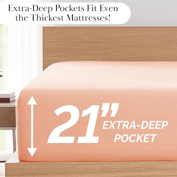 Southshore Fine Living, Inc. Pleated, 4-Piece Queen Size Sheets Set, 21-Inch Deep Pocket Queen Sheet Set, Machine Washable, 1 Fitted Sheet, 1 Oversized Flat, Pillow Cases Set of 2, Blush Sheets