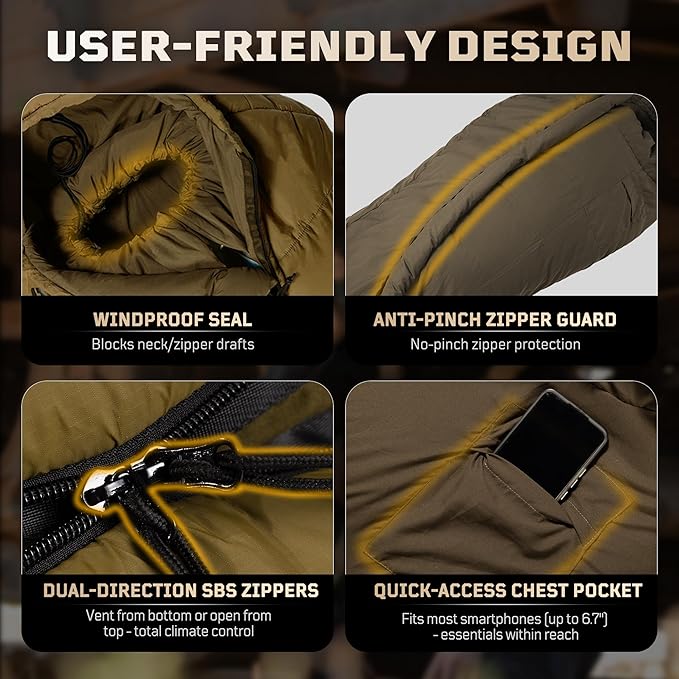 Sleeping Bag for Adults, 25-36℉Cold Weather Mummy Sleeping Bag, Lightweight 3–4 Season Winter Sleeping Bag with Adjustable Hood, Phone Pocket & Compression Sack for Camping Hiking Backpacking