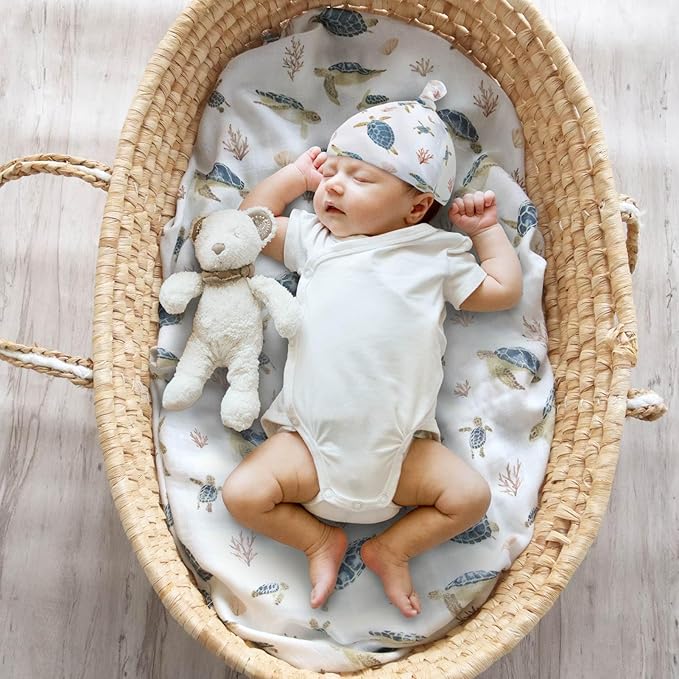 LifeTree Muslin Swaddle Blankets, Muslin Baby Boy Swaddle Blanket and Hat Set with Birth Announcement Card, Newborn Unisex Neutral Receiving Blankets Sea Turtle Pattern