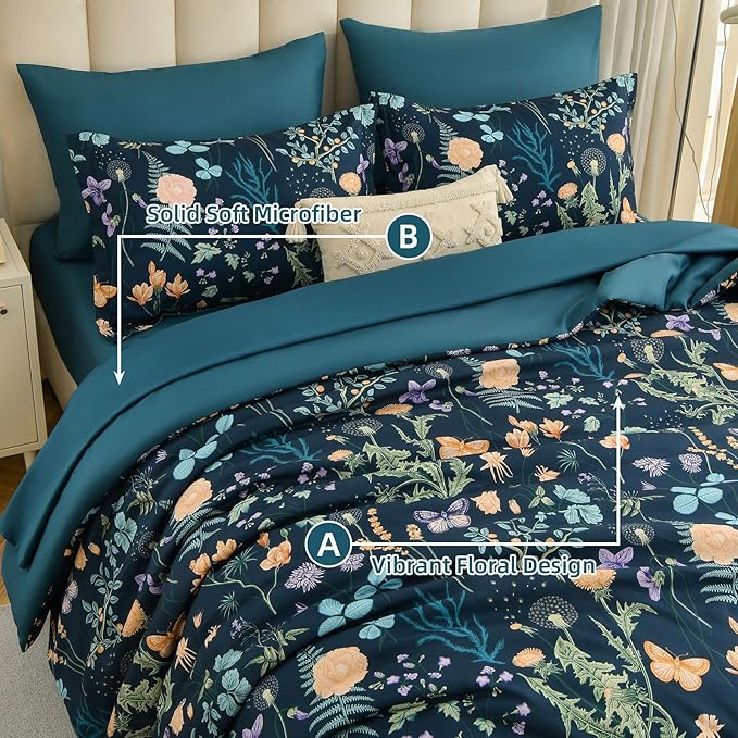 Yiran Floral Full Size Comforter Set, 7 Piece Peacock Blue Comforter Bedding Set, Spring Bed in a Bag with Botanical Flowers Pattern, Soft Microfiber Complete Bedding Set with Sheets for All Season