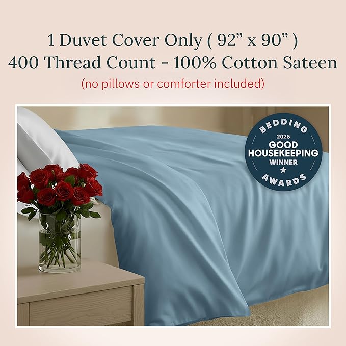 Natural 100% Cotton Duvet Cover Queen Size/Full Size Only - Premium 400 Thread Count Duvet Cover Queen Size Cotton, Soft Sateen Weave, Button Closure and Corner Ties - Sky Blue