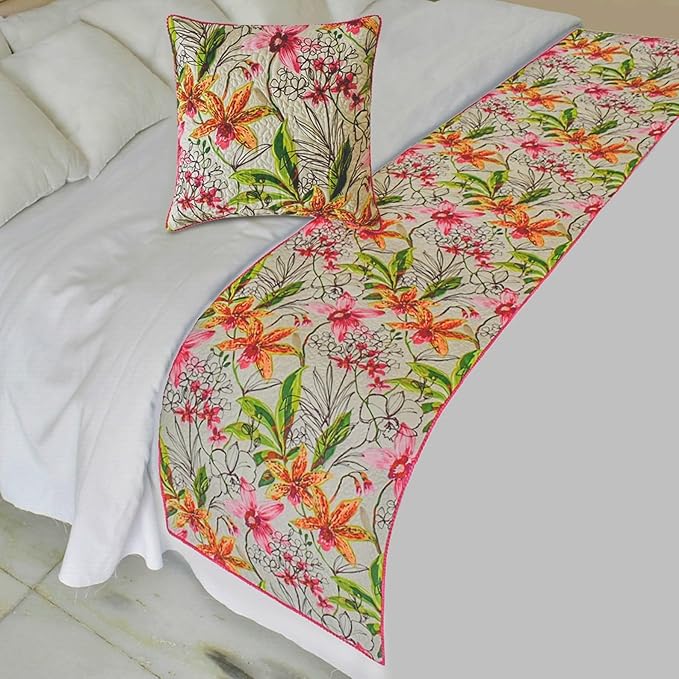 The HomeCentric King/Queen/Twin Pink Decorative Bed Runner King 90"x18" Bed Runner Without Pillow Cover, Quilted, Pom Pom Lace Bed Scarf on Cotton Fabric - Lily Haven
