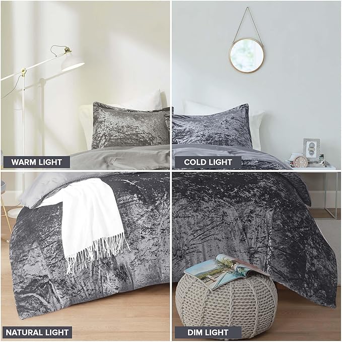 Comfort Spaces Juliette Luxe Comforter Set Velvet Lush with Soft Brushed Microfiber Reverse, All Season Cozy Velvet Bedding Sets, Fluffy Comforter Bed Set, Matching Sham, Grey Full/Queen 3 Piece