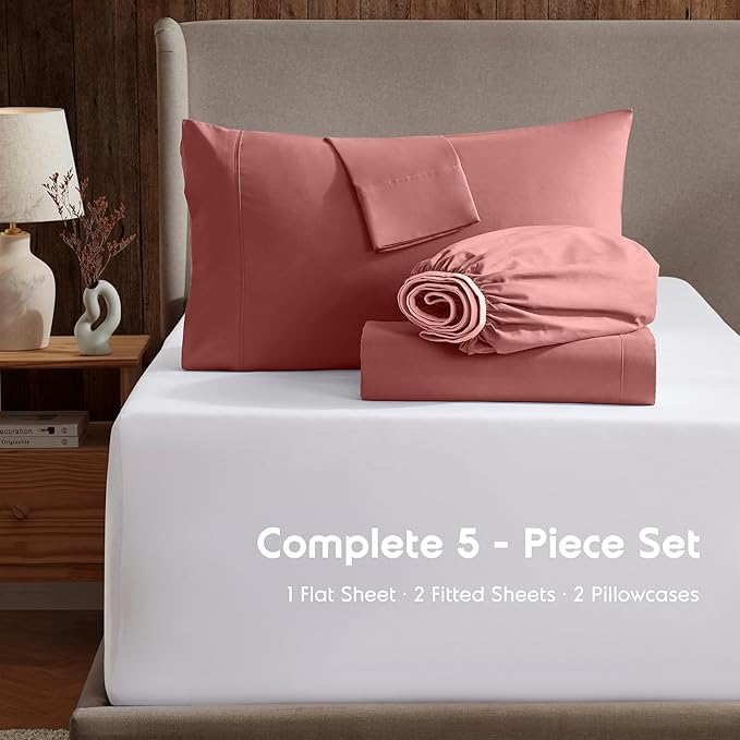 Nestl Split King Sheet Set - 1800 Ultra-Soft Microfiber Bed Sheets - Double Brushed - Deep Pockets - Easy Fit - 5 Piece Set - Bed Sheets & Pillowcases (Split King, Pink Clay)