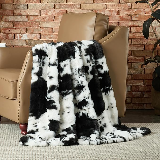 Lotus Karen Faux Fur Throw Blanket Cow Print-Black, Fluffy Fuzzy Plush Bubble Blanket for Couch, 90x90 InchesCozy Shaggy Rabbit Blanket, Luxury Decorative Gifts for Sofa Bedroom Living Room.
