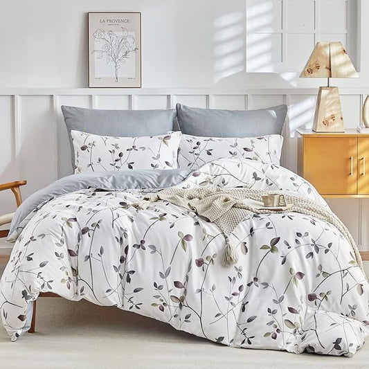 Lekesky Reversible Duvet Cover King Size, White Grey Tree Branch Pattern Comforter Cover King 3pc Super Soft Microfiber Breathable Botanical Bedding Sets with Zipper Ties