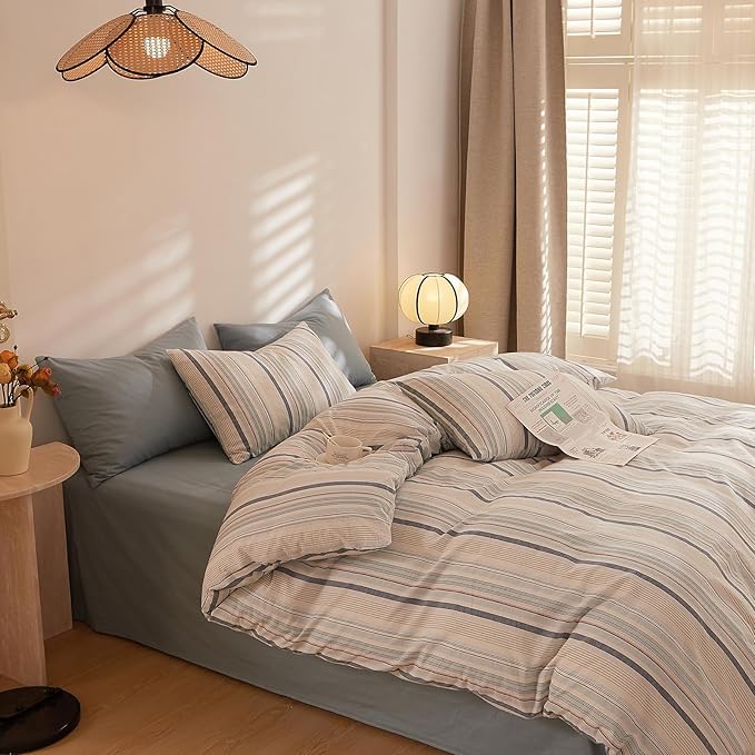 LifeTB Striped Duvet Cover Set King, 100% Washed Cotton Blue White Stripes Pattern Printed Comforter Cover, 3 Pieces Farmhouse Striped Bedding Set Breathable Duvet Cover King with 2 Pillowcases