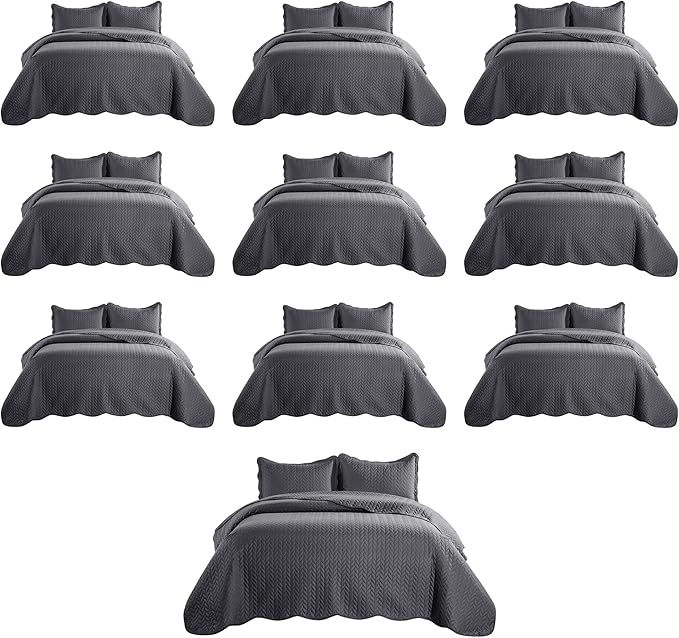 IR Imperial Rooms Queen Quilt Bedding Set (90" x 96") - Bulk Pack of 10 Wholesale for Hotels, Guest Bedroom & Airbnbs - Lightweight Microfiber Reversible Embossed Quilts Bedspreads (Charcoal)