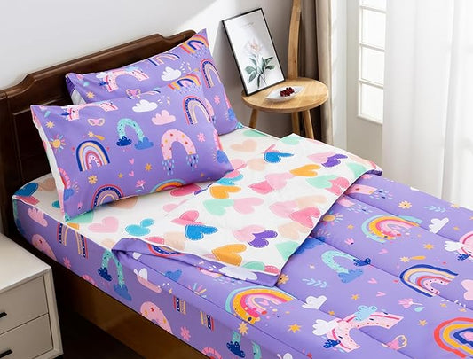 Meeting Story 3pcs Kids Comforter Sets Zipper Bedding Set for Girls,Twin Kid Bedding Set Rainbow Flower Comforter for Kid,All in one Zipper Bedding（Drak Purple,Twin）