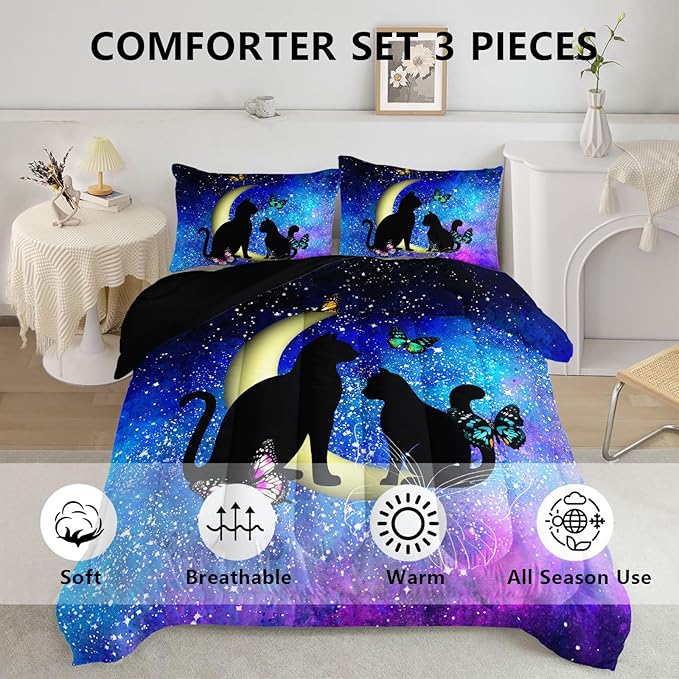 Black Cat Bedding Cartoon Cat Comforter Set Queen,Butterflies Moon Printed Kids Bedding Set for Kids Boys Girls Adults Teens,Kids Comforter Set All Season,1 Quilt 2 Pillow Cases,Blue