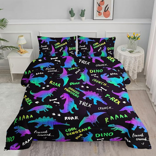 Axolotl Cartoon Dinosaur Bedding Set,Queen Size Kids Bed Set,Gradient Dinosaur Comforter Set,1 Quilt with 2 Pillowcases for Boys Girls Kids Teens Children Adults Room Decor All Season,Black