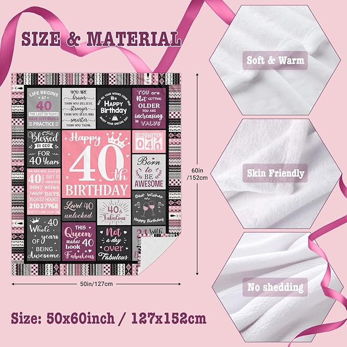 40th Birthday Gifts Women Blanket 60”X50”, 40th Birthday Decorations for Women, Happy Forty Birthdays Gift Ideas for Woman, 1986 Birthdays Gifts for 40 Year Old Woman Throws