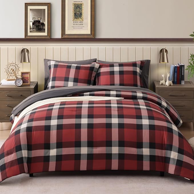 Queen Comforter Set, Red Plaid Bedding Set 7 Pieces for Boys Girls Teen, Classic Checkered All Season Bed in a Bag with Sheets, Pillowcases & Shams