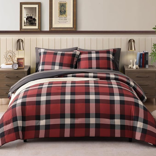 Queen Comforter Set, Red Plaid Bedding Set 7 Pieces for Boys Girls Teen, Classic Checkered All Season Bed in a Bag with Sheets, Pillowcases & Shams