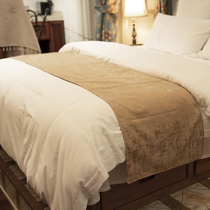 OSVINO Solid Color Chenille Soft No Fading Modern Bed Runner Bedding Scarf Protection (240X50cm for 180cm Bed, Gold)