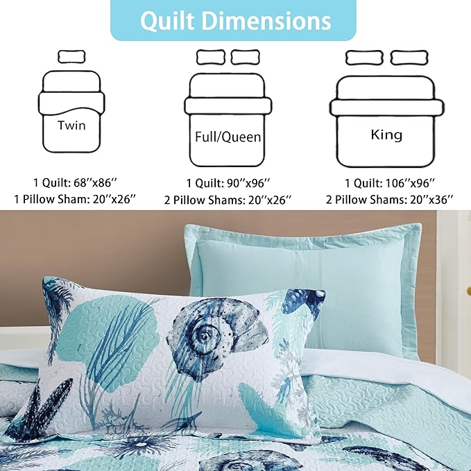 Tritard 3 Piece Coastal Quilt Sets King Size Nautical Reversible Lightweight Bedspread Coverlet with 2 Shams Blue Starfish Conch Beach Microfiber Bedding Quilt Set for All Season, 106''x96''