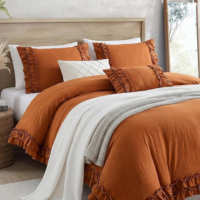 Bedorm Ruffled King Duvet Cover Burnt Orange Bedding Set Rust Lace Ruffle Boho Chic Bedroom Decor Super Soft Breathable Pumpkin Duvet Cover Set French Country Style
