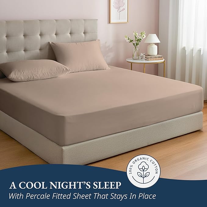 LANE LINEN 100% Organic Cotton Fitted Sheet Queen (+Pillowcases), Soft & Comfy Breathable Naturally Cooling Low Pill Oeko Tex Certified Fitted Sheet Queen Deep Pocket 15" - Taupe