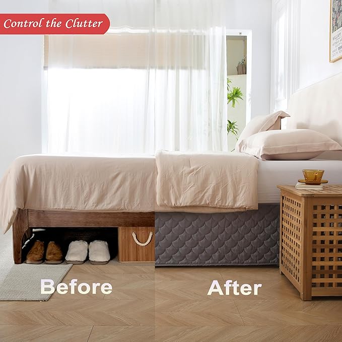 Full Size Gray Bed Skirt with 14-Inch Drop, Easy Fit Wrap-Around Cover for Bed, Wrinkle-Free and Fade-Resistant Box Spring Cover. (Gray Seashells, Full)