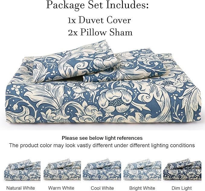 PHF Ultra Soft Floral Duvet Cover Queen Size, Revisible Boho Printed Vintage Bedding Set 3 Pieces, Comfy Durable Morris Garden Duvet Cover Set with 2 Pillow Shams, Zipper Closure and 8 Ties, 90"x90"