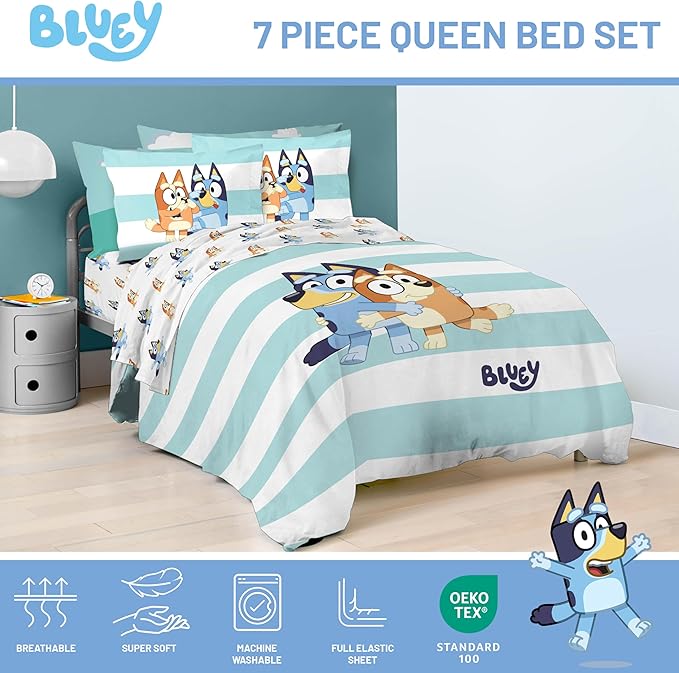 Jay Franco Bluey & Bingo 7 Piece Queen Size Bed Set - Includes Comforter & Sheet Set - Super Soft Kids Bedding Fade Resistant Microfiber