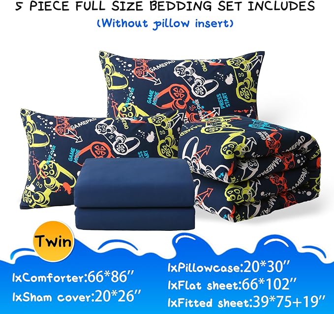 Glow in The Dark Kids Comforter Set, 5 Pieces Gamepad Bedding Set Twin Size for Boys Girls Teen, 1 Comforter, 1 Pillowcase, 2 Pillow Shams