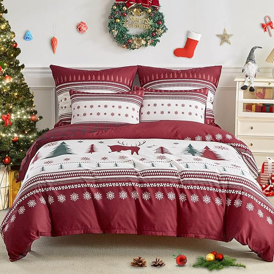 Lekesky Christmas Duvet Cover Queen Size,3 Pieces Reversible Red Plaid Reindeer Snowflake Holiday Bedding Set with Zipper Closure and Corner Ties(1 Duvet Cover 90x90 inches + 2 Pillowcases)